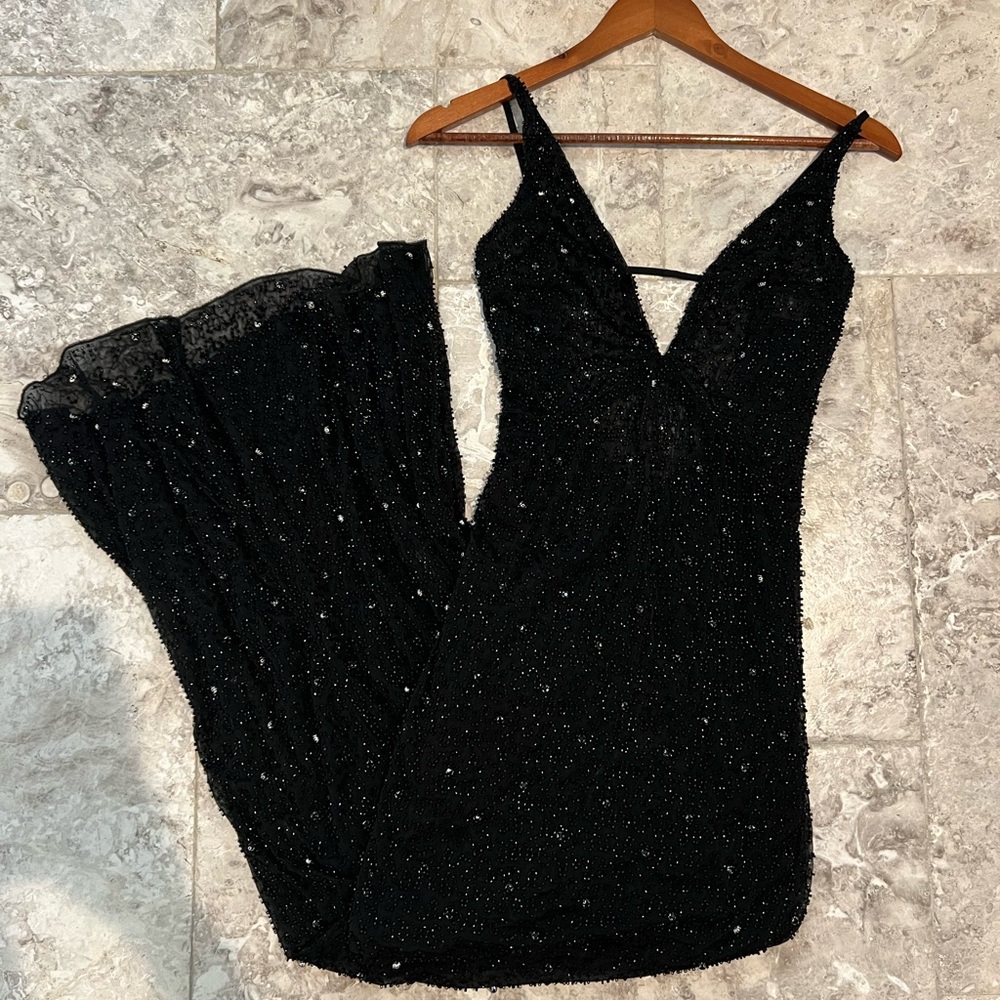 Oh Polly Embellished Plunge Neck Evening Gown in Black